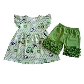 Комплект одежды для маленьких девочек, Туника с развевающимися рукавами с рисунком автомобиля + зеленые шорты, 2 шт., Одежда для маленьких девочек, одежда для маленьких девочек