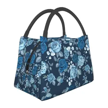Женские сумки для ланча с изоляцией Blue Roses, Герметичный термоохладитель с цветочным рисунком, Ланч-бокс для пляжного кемпинга и путешествий