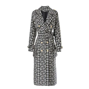 Плюс размер, высококачественная ветровка, женское пальто свободного кроя, на шнуровке, сверхпрочное, с черно-белым рисунком, длинное, стильное