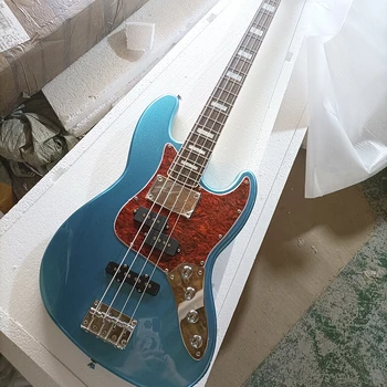 4-Струнная металлическая электрическая бас-гитара синего цвета с настраиваемым грифом из розового дерева