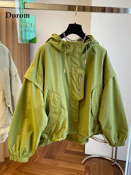 Корейская винтажная Зеленая куртка-карго с капюшоном, Женская уличная одежда Y2k, осенняя ветровка на молнии на шнуровке, пальто оверсайз, Женские свободные топы