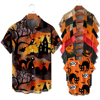 Новые мужские гавайские рубашки больших размеров свободного покроя с пуговицами на лацканах, с элементами Хэллоуина, с рисунком, Модная мужская одежда