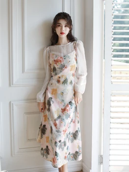 Милое Шифоновое платье с цветочным рисунком на подтяжках + Нежный Длинный рукав, свободные блузки, комплект из 2 предметов, Элегантный Корейский модный костюм, женский