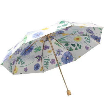96-сантиметровый портативный пятистворчатый зонт с ручным открыванием UPF50 + balck coating, защищающий от солнца и дождя, ручка из цельного дерева с милым принтом 0,35 кг