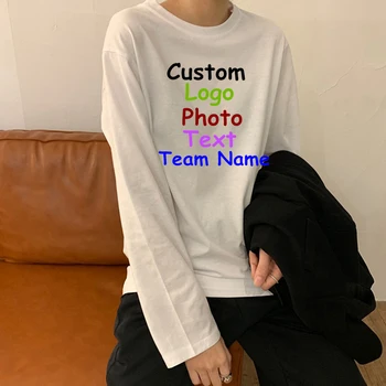 Текст ЛОГОТИПА на заказ, белая осень 2022, новая Корейская женская одежда в западном стиле, однотонная студенческая футболка с длинным рукавом