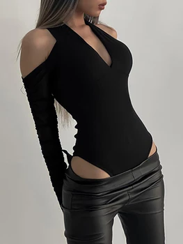Женское черное боди с открытыми плечами, длинный рукав, V-образный вырез, Обтягивающие Сексуальные топы без спинки, женская клубная одежда для вечеринок, Облегающая футболка, Одежда Y2K