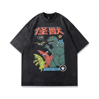 Старая футболка с короткими рукавами и принтом уличных персонажей Европы и Америки, мужская свободная футболка в стиле хип-хоп с аниме харадзюку