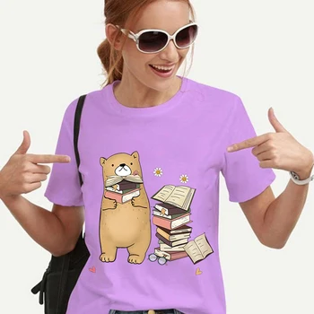 Books Lover Принт Хип-Хоп Уличная одежда Kawaii Bear Графическая Женская футболка Винтажные футболки Женские топы Y2k Эстетическая одежда