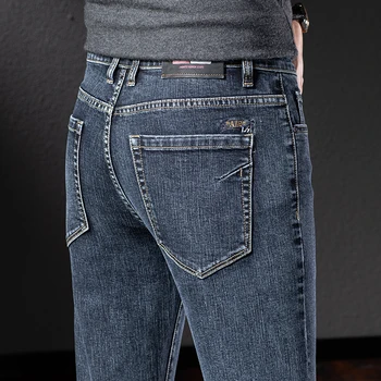 Цвета классического стиля, мужские хлопчатобумажные эластичные джинсы обычной посадки, осенние Новые выстиранные джинсовые сине-серые брюки, Мужские брендовые брюки