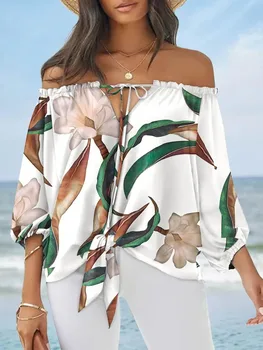 2023 Женская белая рубашка, сексуальная шифоновая рубашка с принтом с открытыми плечами, женский модный топ на шнуровке с длинным рукавом, уличная винтажная блузка, топы