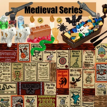 Средневековая военная доска объявлений MOC, Рим, дорожный знак, набивная плитка, Козлы, животные среднего возраста, вид на улицу, деревянный меч, кирпичи, игрушки