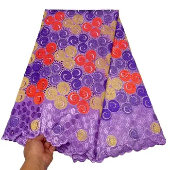 Фиолетовая Африканская кружевная ткань ручной работы, свадебные кружева с камнями, 5 ярдов вышитого хлопчатобумажного швейцарского вуалевого кружева для свадебного платья для новобрачных