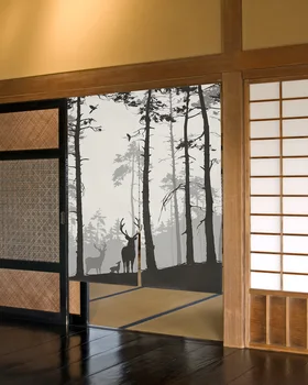 Дверная занавеска с силуэтом оленя и сосны В японском стиле, занавески для перегородки спальни, занавески для входа в кухню, полупрозрачные шторы