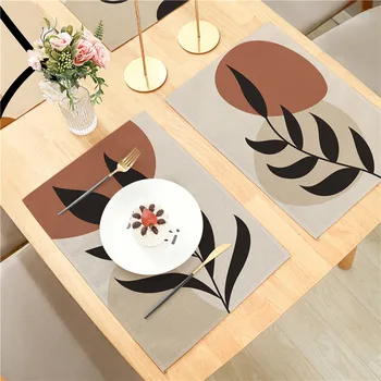 Коричневая льняная салфетка с простым рисунком в виде арочных листьев, подушка для еды 32x42 см для столовой, кухни, гостиной