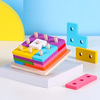 Детские игрушки Монтессори, деревянные строительные блоки, разноцветные геометрические фигуры, блоки для столбов, игрушки для раннего развития