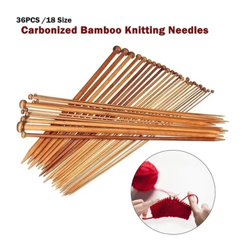 36шт Спиц 18 размеров 2-10 мм, Одноточечные карбонизированные бамбуковые спицы, Вязальный крючок, Инструмент для вязания свитера, Инструменты для вязания