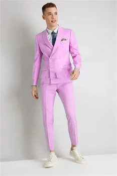2022 Новый Высококачественный розовый Двубортный мужской костюм с отворотом, 2 предмета, приталенный свадебный костюм, вечеринка, выпускной, мужская одежда