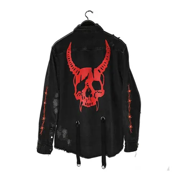 Харадзюку, готический череп Охотника на демонов, черная джинсовая куртка, мужское повседневное пальто в стиле рок-панк, винтажная толстовка Sudadera, уличная одежда с мужским отверстием