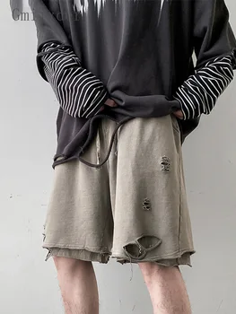 Gmiixder, Модные мужские рваные шорты, Унисекс, летние повседневные уличные брюки Оверсайз, полуботинки в стиле хип-хоп Темно-серого гранжа.