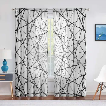 Абстрактные черно-белые прозрачные шторы в полоску для гостиной, кухонного окна, спальни, геометрическая сетка, тюлевая вуаль, подвесная занавеска