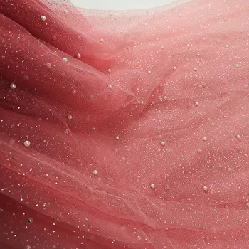 Градиентная красно-розовая ткань, кружевная сетка, расшитая жемчугом, ткань в серебристый горошек для свадебных платьев, сценической вечеринки, свадебного домашнего декора
