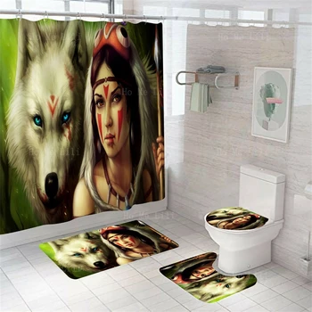 Африканская женщина и Лев Волк Дикое животное Занавеска для душа с ковровым покрытием Коврик для ванны Крышка унитаза Декор ванной комнаты