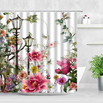 Занавеска для душа с цветочным пейзажем и бабочкой, водонепроницаемая занавеска для ванной комнаты с креативным принтом, домашний декор с крючками Cortina De Banheiro