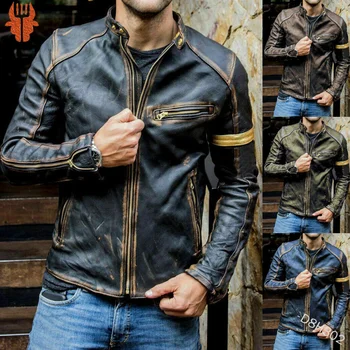 Мужская кожаная куртка со стоячим воротником, мотоциклетная кожаная куртка в стиле панк
