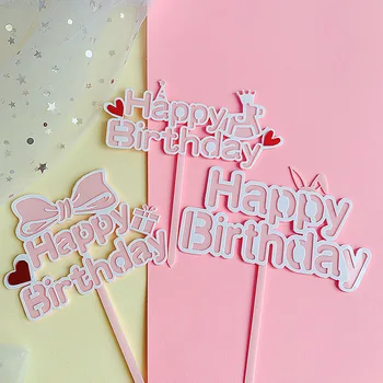 1ШТ Розовый бант Сердце Корона Акриловый Топпер для торта с Днем Рождения Флаги на День рождения для детей Украшения для торта на День рождения Детский Душ