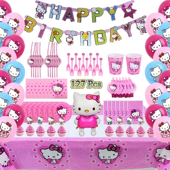 Дизайн розового кота с рисунком из мультфильма, Украшения для детского Дня рождения, Воздушный шар, Бумажная тарелка, Скатерть, Детский душ, Одноразовая посуда
