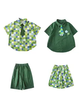 Комплект шорт-рубашек для мальчиков с короткими рукавами и съемным квадратным галстуком 2023, летний новый детский повседневный комплект из двух предметов