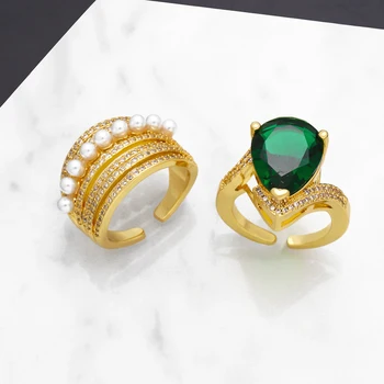 OCESRIO Большие Зеленые Хрустальные кольца с каплями воды для женщин, Медные Позолоченные Многослойные бусины, Открытое кольцо, Ювелирные изделия, женский подарок rigj70