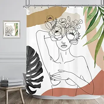 Абстрактная женская занавеска для душа Lady Body Flower Art Lines в стиле бохо середины века, современные цветочные зеленые листья, ткань для декора ванной комнаты