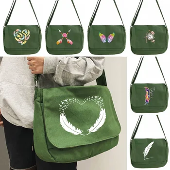 Женская сумка-мессенджер Тренд 2023, новые холщовые сумки через плечо, сумка через плечо с принтом из белых перьев, повседневная школьная сумка для путешествий, большая сумка