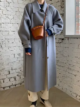 Женское шерстяное пальто средней длины 2022, зимнее новое свободное пальто в корейском стиле, утолщенное однобортное повседневное свободное пальто, парки