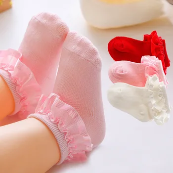 Носки для новорожденных 0-12 месяцев, однотонные хлопчатобумажные носки с рюшами для маленьких девочек, кружевные короткие носки принцессы для младенцев, весна-осень