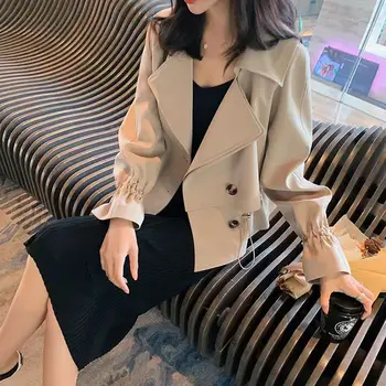 Костюм, женское пальто, Свободная весенне-осенняя корейская куртка 2023 года выпуска, Элегантный длинный рукав, однотонный короткий тренч на талии