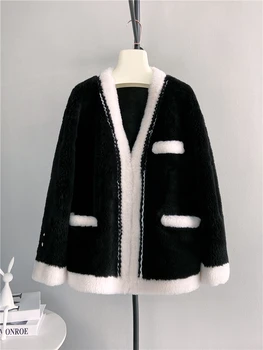 Женское пальто из 100% шерсти, классический черно-белый контрастный кардиган с V-образным вырезом в цветочную полоску