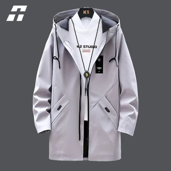 Повседневные мужские ветровки, пальто 2023, весенние однотонные куртки-карго, мужская уличная одежда, модная ветрозащитная куртка средней длины с капюшоном.