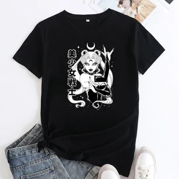 Готическая футболка с японским аниме, винтажная женская футболка с графическим рисунком в готическом стиле, эстетичные топы в стиле ведьмовства