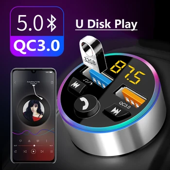 Bluetooth 5,0 FM-Передатчик U Диск MP3-Плеер Wilress Автомобильный Комплект Громкой Связи Аудио Адаптер Двойной USB QC3.0 Зарядное Устройство Определение напряжения