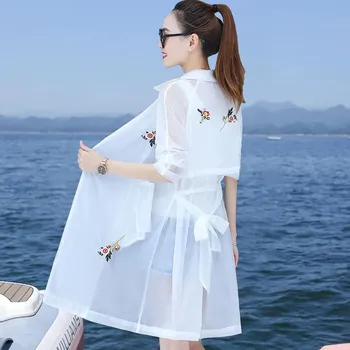 Модный тонкий женский тренч 2023, Новая летняя солнцезащитная одежда с вышивкой, женская корейская версия, длинная дышащая куртка