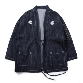 Мужская тонкая джинсовая куртка-кимоно в японском стиле, воротник-стойка, рукава Три четверти, вышивка Сакурой, свободное Хаори С карманом на рукаве