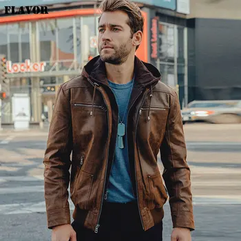 Новая мужская коричневая кожаная куртка из натуральной кожи для мужчин-мотоциклистов со съемным капюшоном, теплая для мужчин