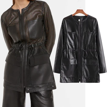 2020 Новая женская винтажная куртка из полой кожи с круглым вырезом и карманом на молнии, женские повседневные шикарные пальто в стиле ретро с длинным рукавом, топы