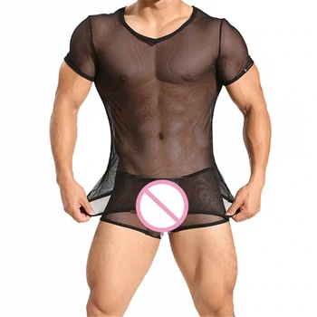 Сексуальный комплект мужской одежды, мужские майки, сексуальный комплект нижнего белья Homme, футболки с коротким рукавом, прозрачная сетчатая рубашка + шорты-боксеры, костюм