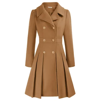 GK Женское пальто с длинным рукавом, двубортное пальто выше колена, плиссированный лацкан, шерстяные смеси трапециевидной формы, пальто, зимние теплые куртки