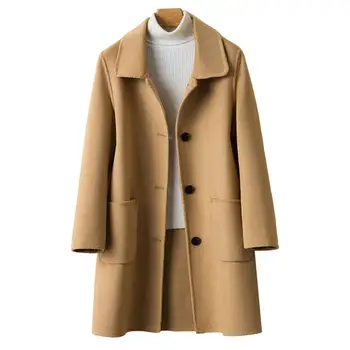 Женское пальто Ветрозащитное шерстяное пальто с карманами Повседневное однобортное Однотонное зимнее двустороннее шерстяное пальто Морозостойкое