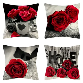 Наволочка с цветочным принтом красной розы, короткий плюшевый чехол для диванной подушки, обустройство дома