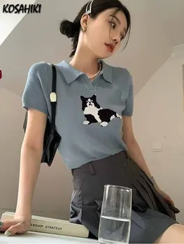Корейские модные жаккардовые топы с короткими рукавами в виде собаки, женские повседневные укороченные трикотажные футболки с отложным воротником Y2k, эстетичные футболки Harajuku